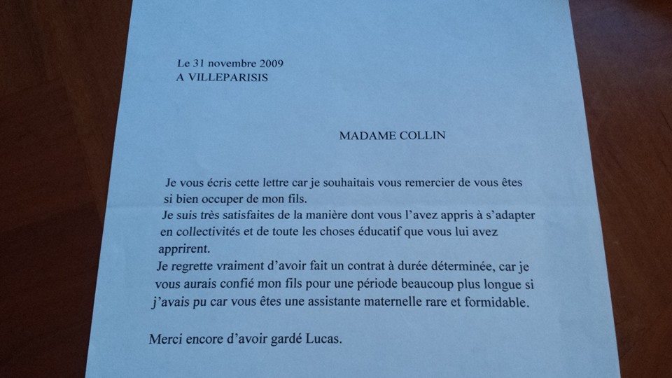 Assistante maternelle Villeparisis,lettre de remerciements