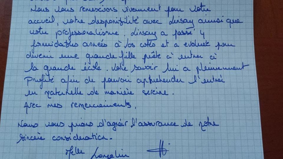 Lettre de remerciements, Mme Collin Sylvie, assistante maternelle Villeparisis