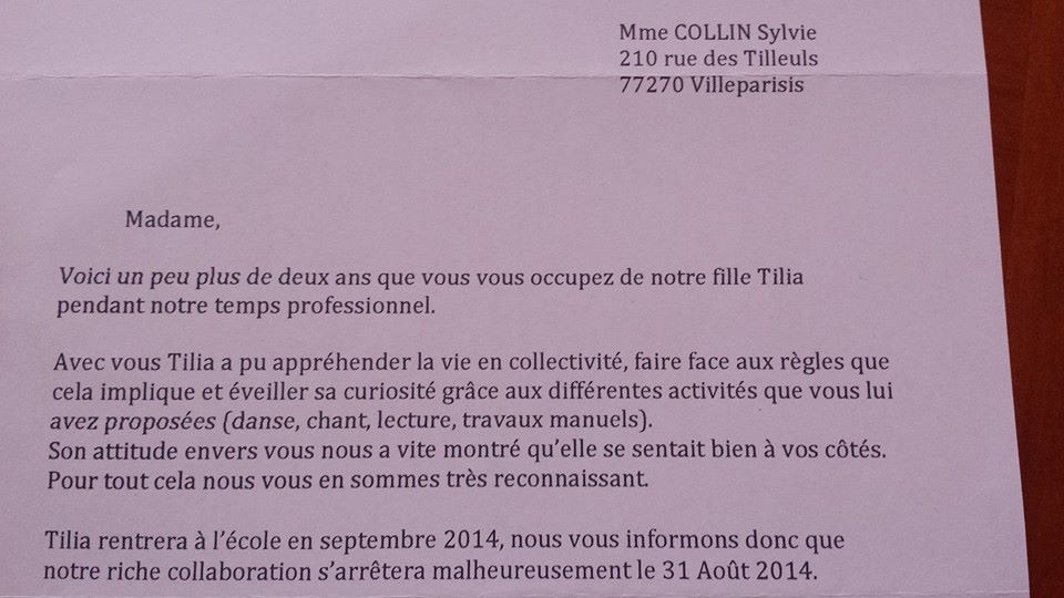 lettre de remerciements, assistante maternelle Villeparisis, Collin Sylvie