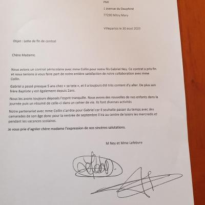 lettre de fin de contrat assistante maternelle, lettre, garde d'enfants Villeparisis, nourrice,