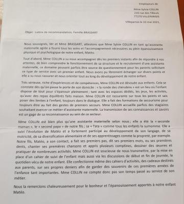 Lettre de recommandation parents assistante maternelle