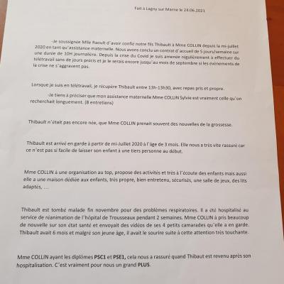 assistante maternelle Collin Sylvie lettre de recommandation
