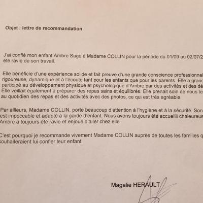 fin de contrat assistante maternelle Villeparisis , lettre de recommandation