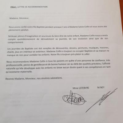 Lettre de recommandation parents pour son assistante maternelle