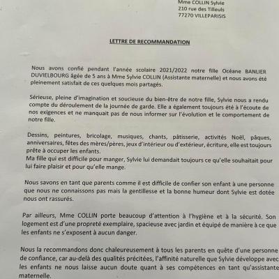 Lettre de recommandation, Collin Sylvie, assistante maternelle Villeparisis